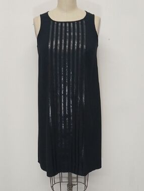 Sleek Black Sleeveless Midi Dress with Vertical Sheen Panels